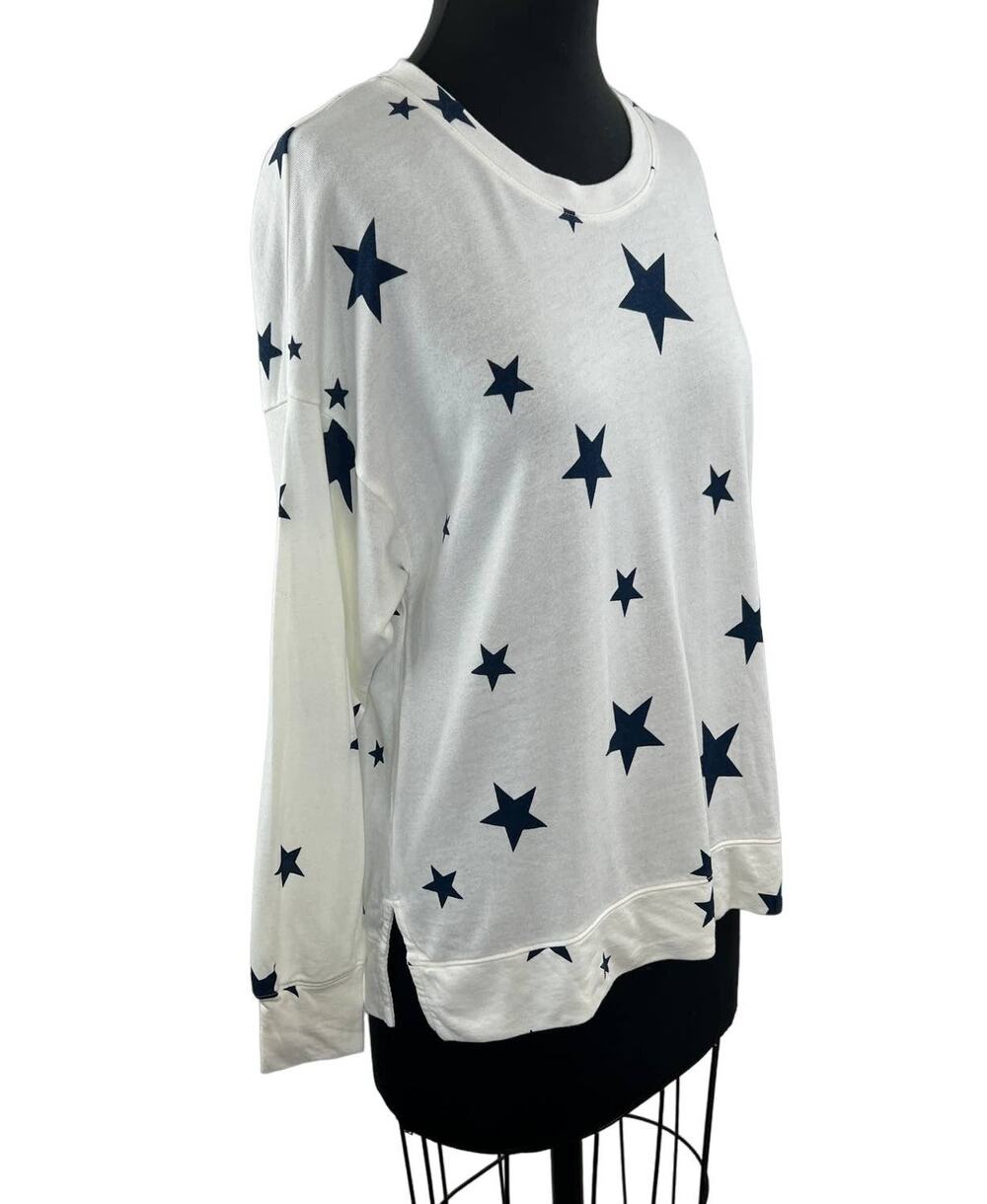 SUNDRY Star Hi Low Crewneck Pullover in White/Blue Lyocell Pima Lounge 0 XS